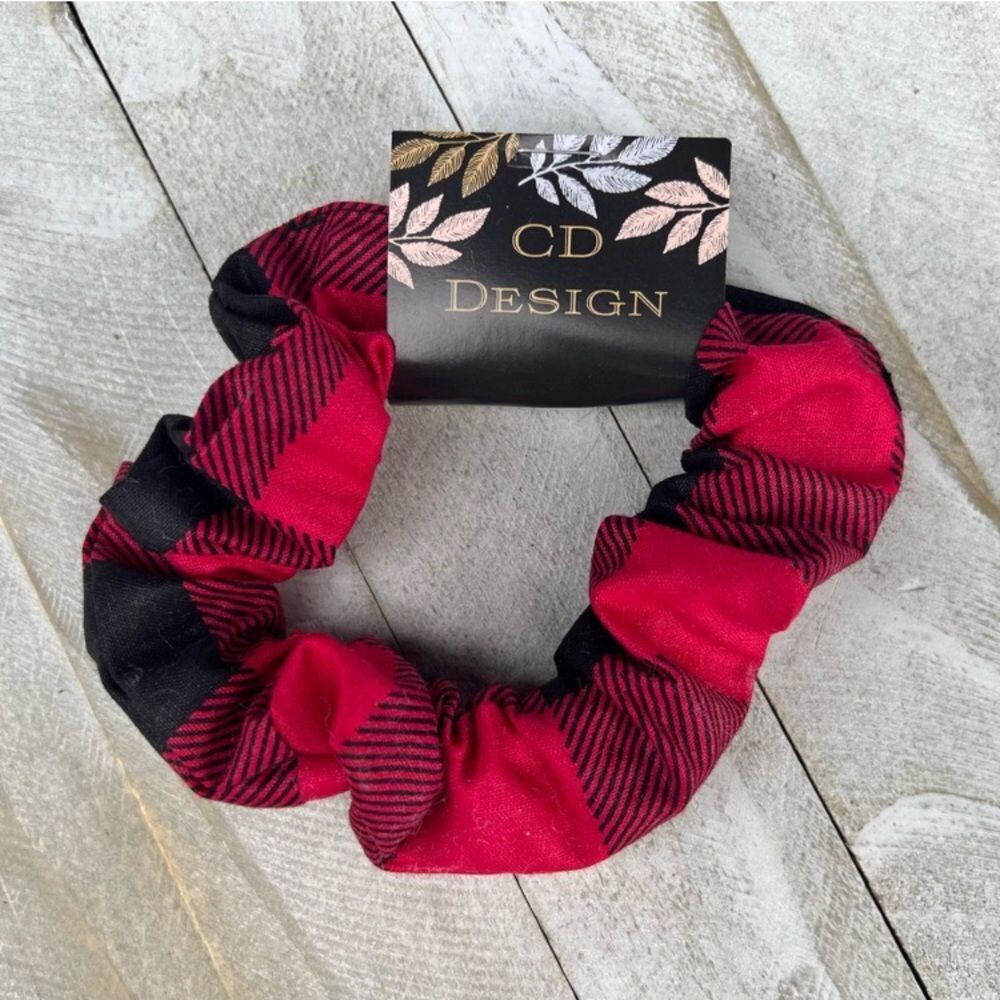 Red and black Buffalo check print scrunchie